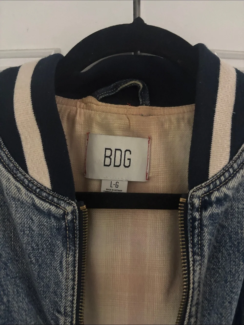 BDG Light Wash Denim Bomber with Navy & Cream Striped Trim - Picture 2 of 3